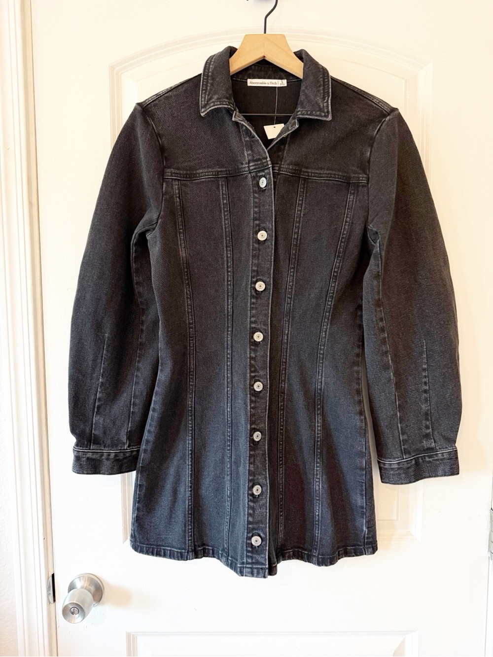 Abercrombie Barrel Sleeve Black Denim Shirt Mini Dress NWT Sz Small - Picture 2 of 6